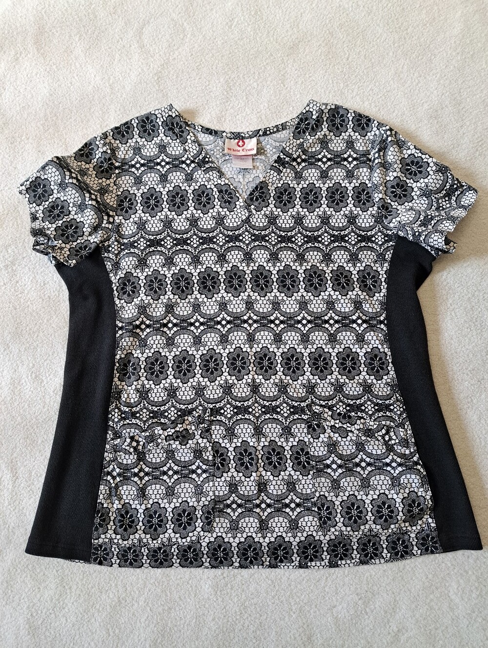 White Cross Black White Floral Lace Pattern Scrubs Top Large Uniform Stretch